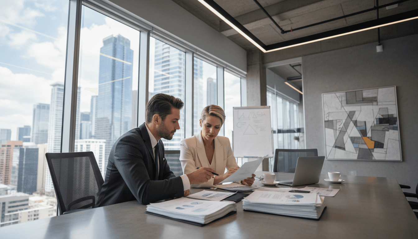 Two professionals reviewing documents together in a bright modern office