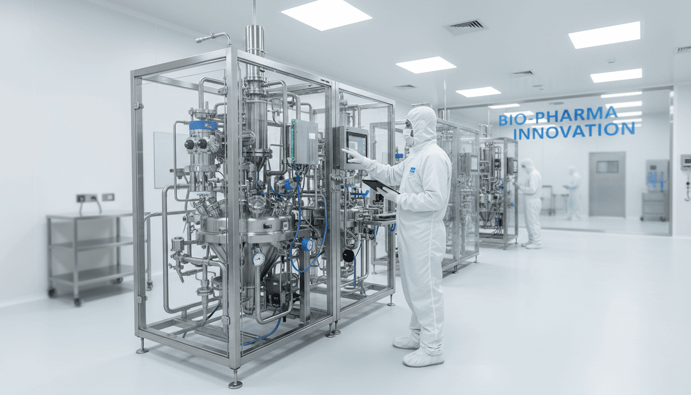 Technician in cleanroom suit checking equipment in a modern pharmaceutical facility