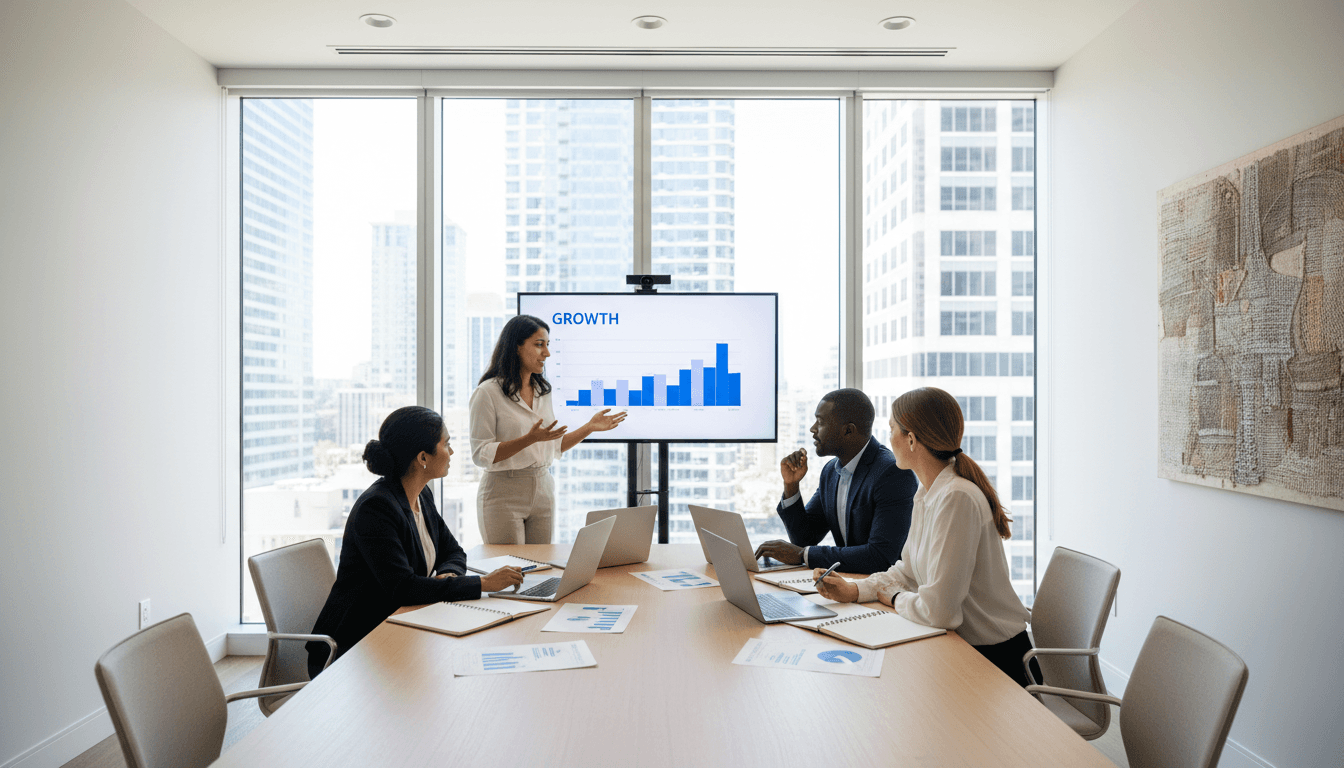 Two professionals reviewing documents during a meeting in a modern office