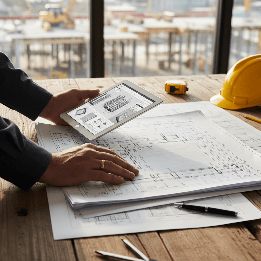Professional reviewing construction plans at an office desk