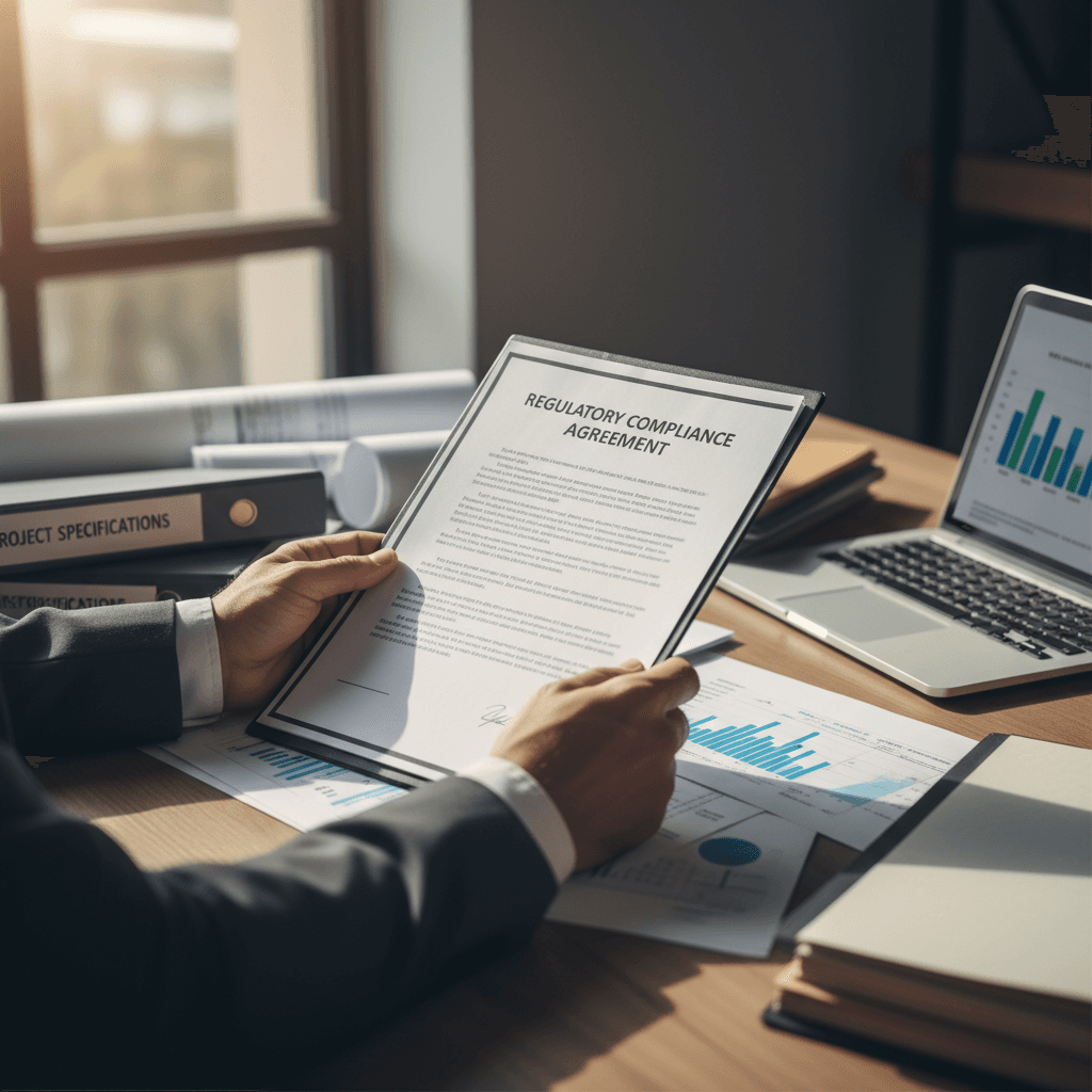Professional operations specialist reviewing process documents in a bright modern office