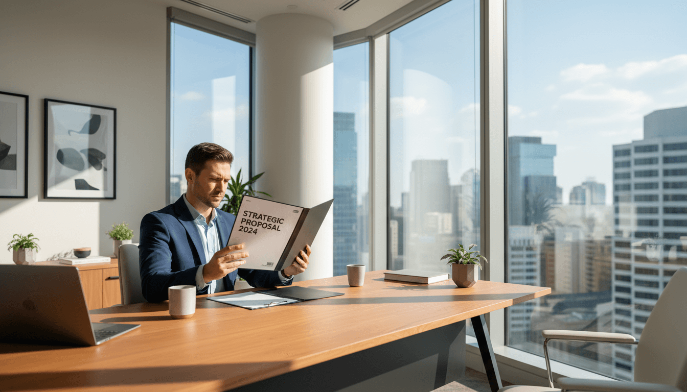 Operations leader reviewing documents at a desk in a modern office