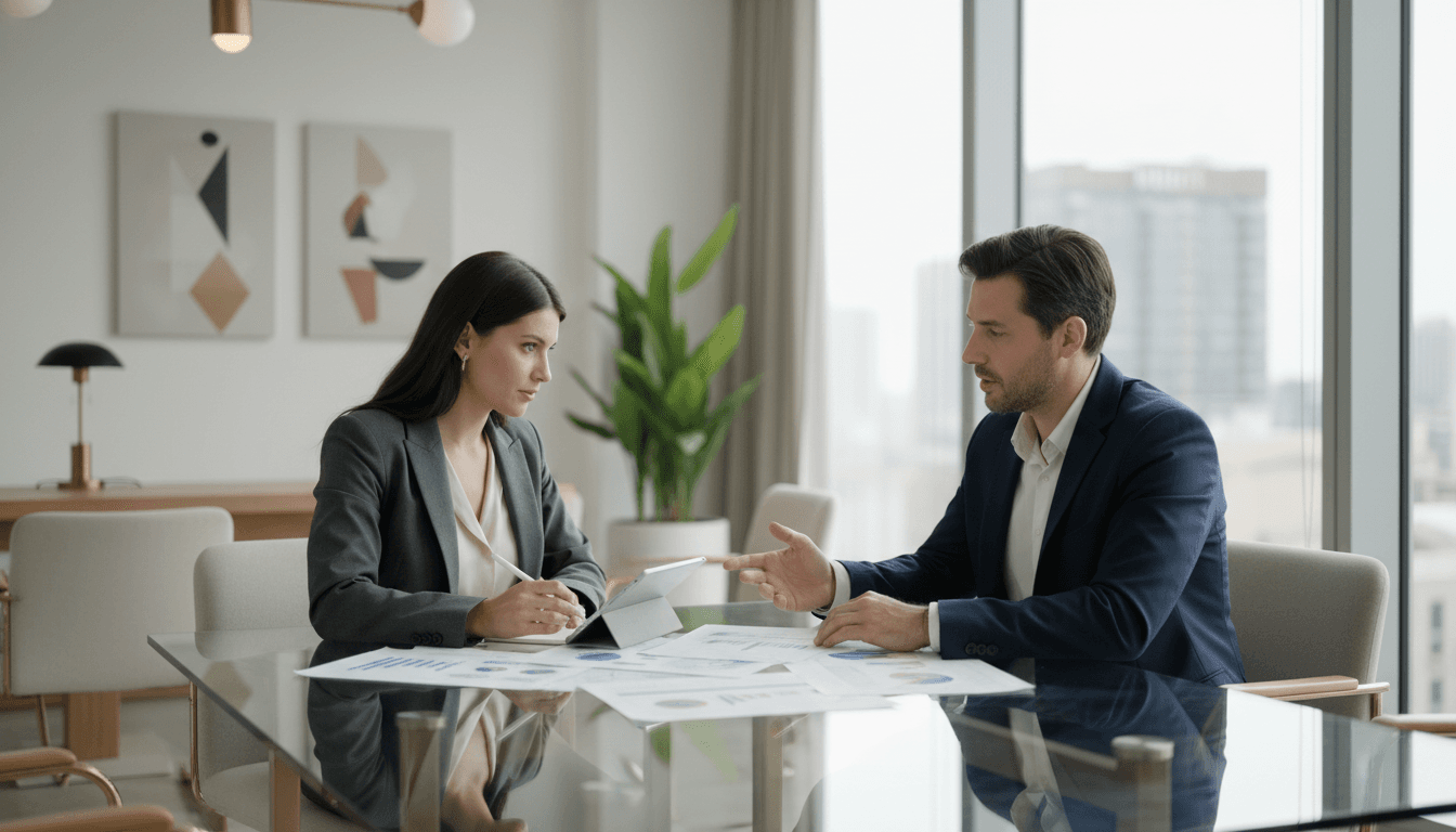 Two professionals in conversation at a modern conference table