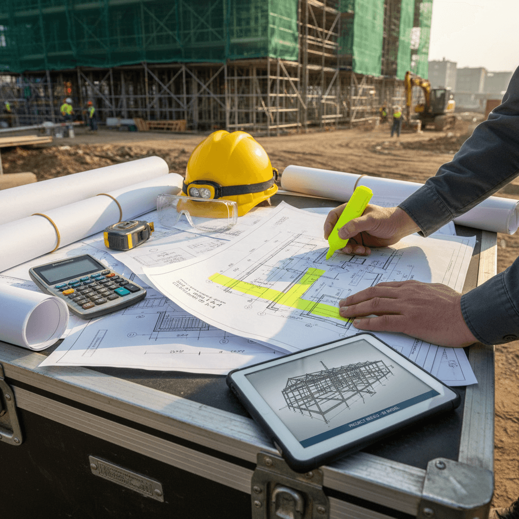 Operations manager reviewing project plans at a construction site office